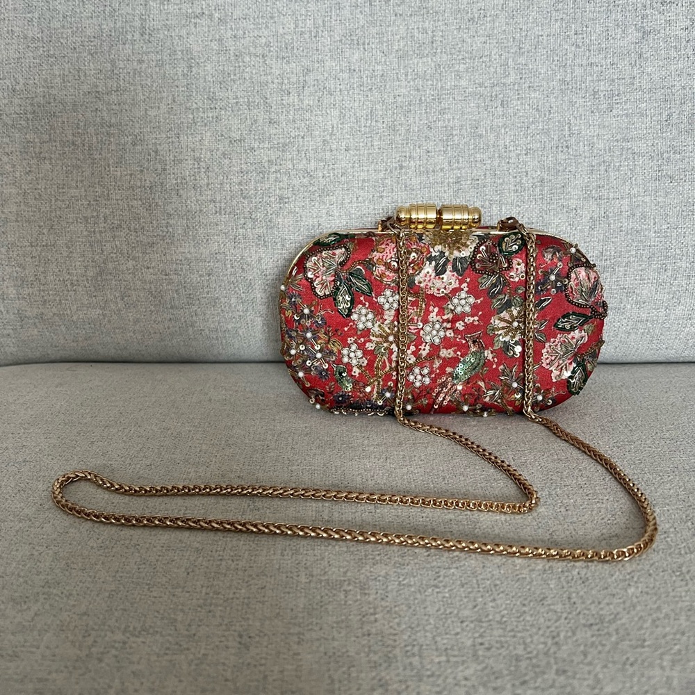 Floral Red Clutch with Gold Chain